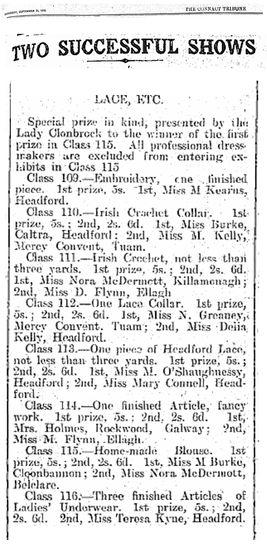 connacht tribune 1910 headford lace agricultural show